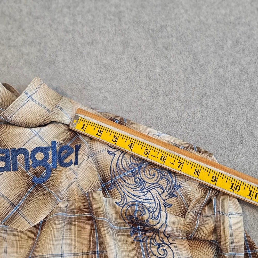 Wrangler Mens Plaid Western Pearl Snap Shirt Embroidered Rodeo Tan Blue L - Picture 16 of 16